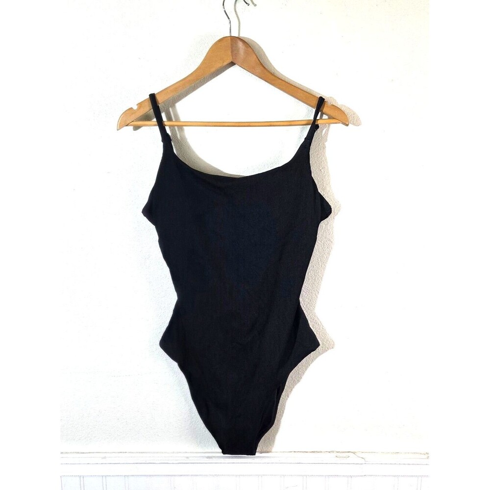 Aerie One Piece Swimsuit Womens Large Black Ribbed Full Coverage Tie Back NWT